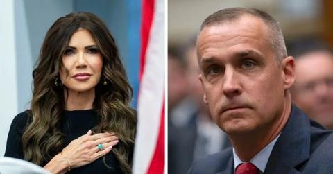 Split photo of Kristi Noem and Corey Lewandowski.