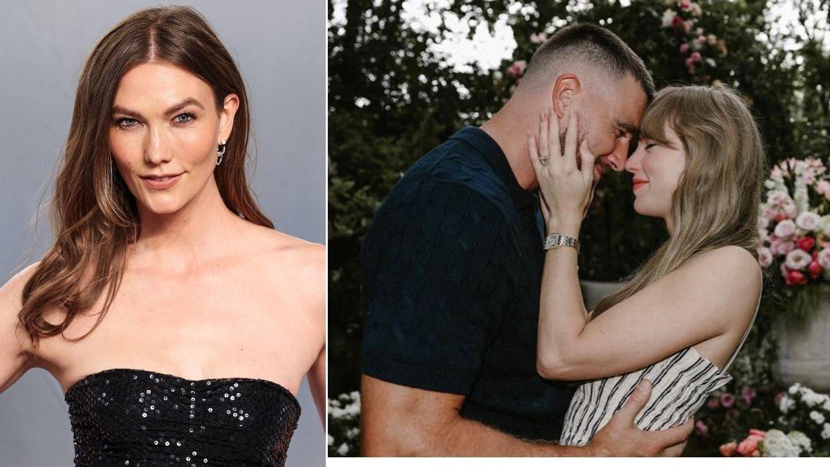 split image of Karlie Kloss; Travis Kelce and Taylor Swift