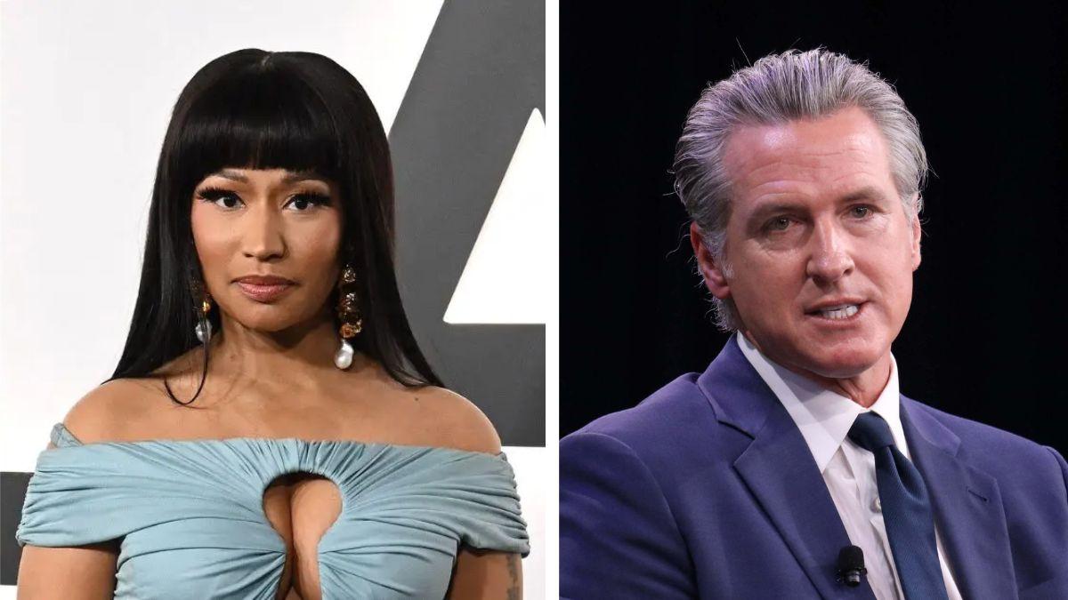 split photo of nicki minaj and gavin newsom