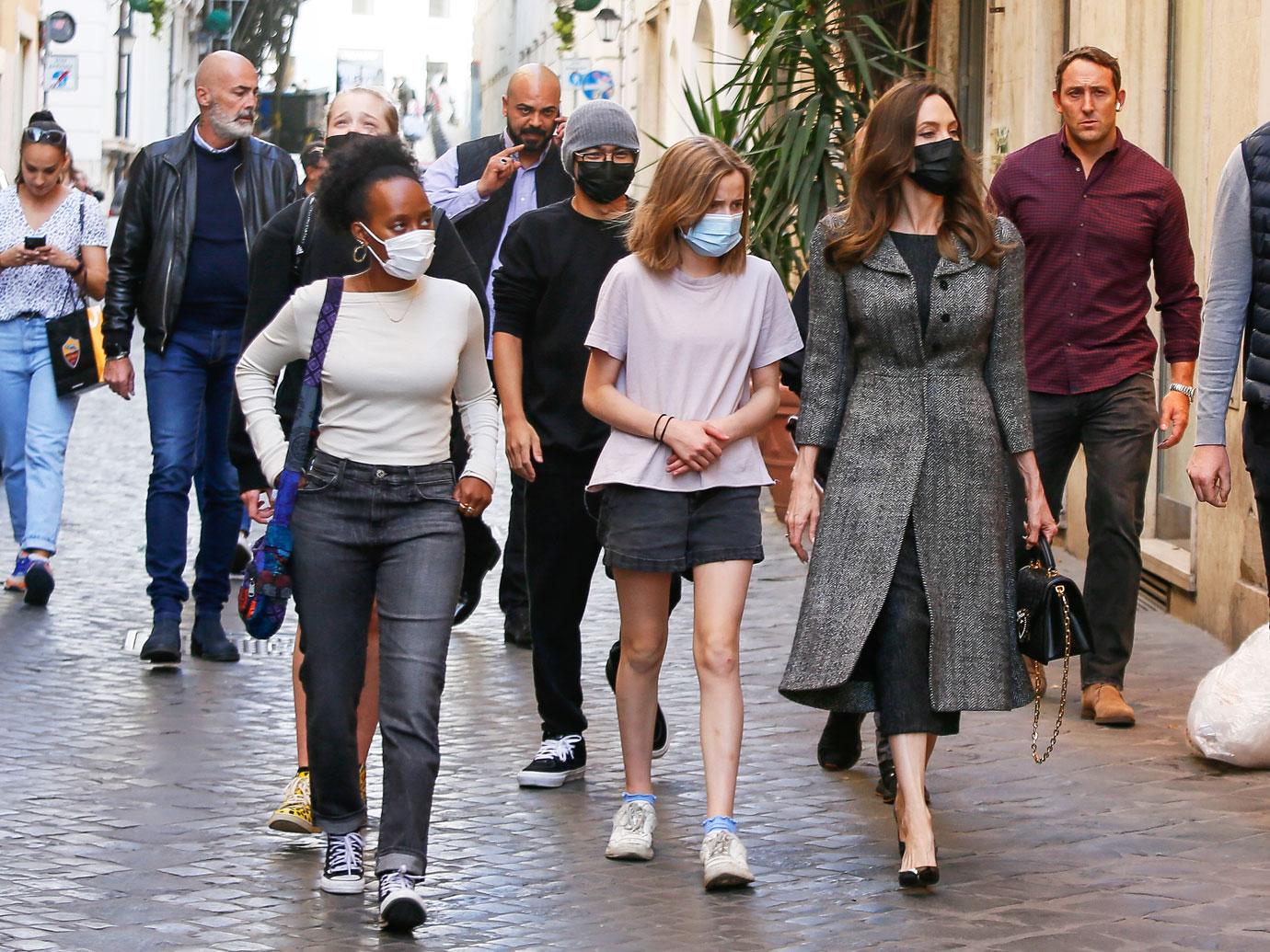 angelina jolie struts spanish steps explores rome with kids before eternals premiere in italy photos