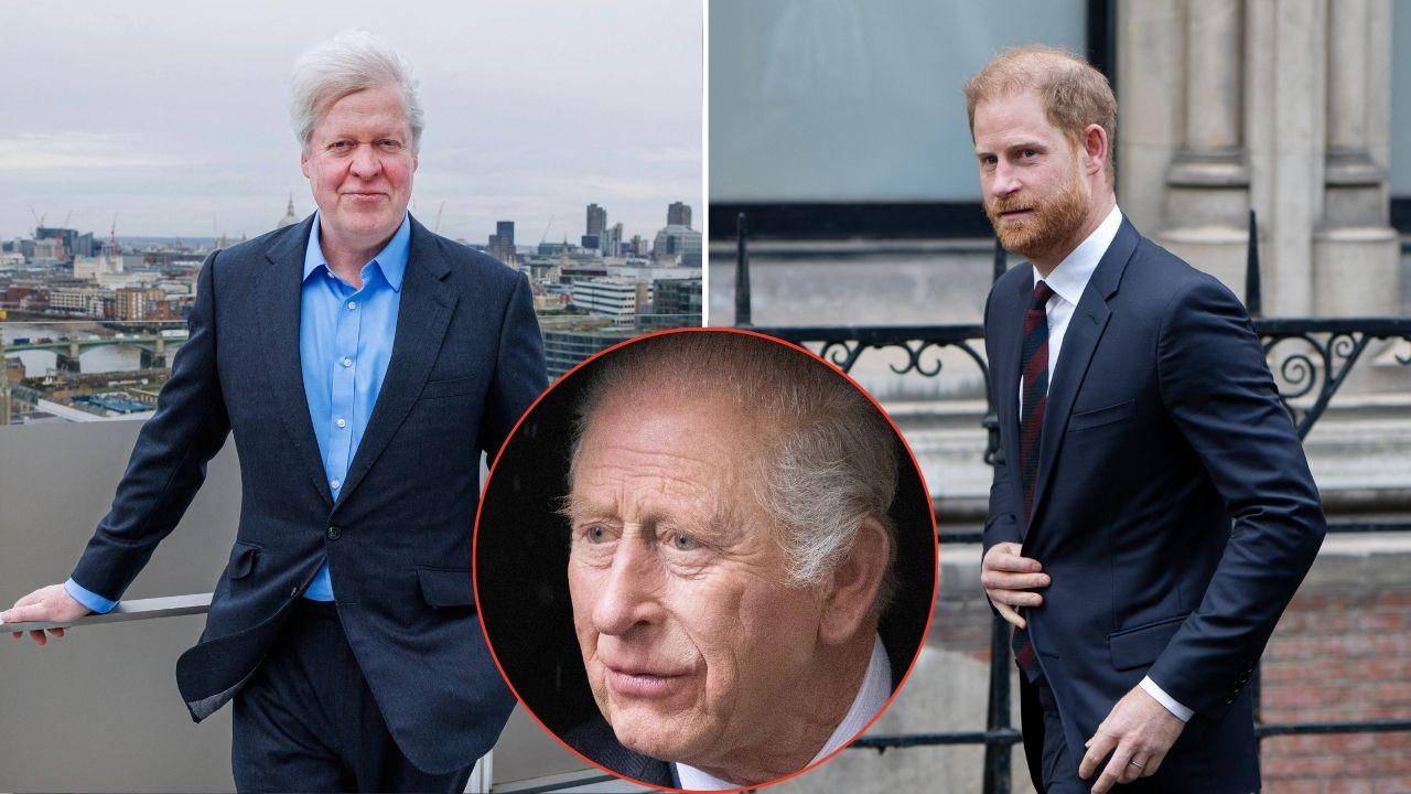 Split photo of King Charles, Charles Spencer and Prince Harry.