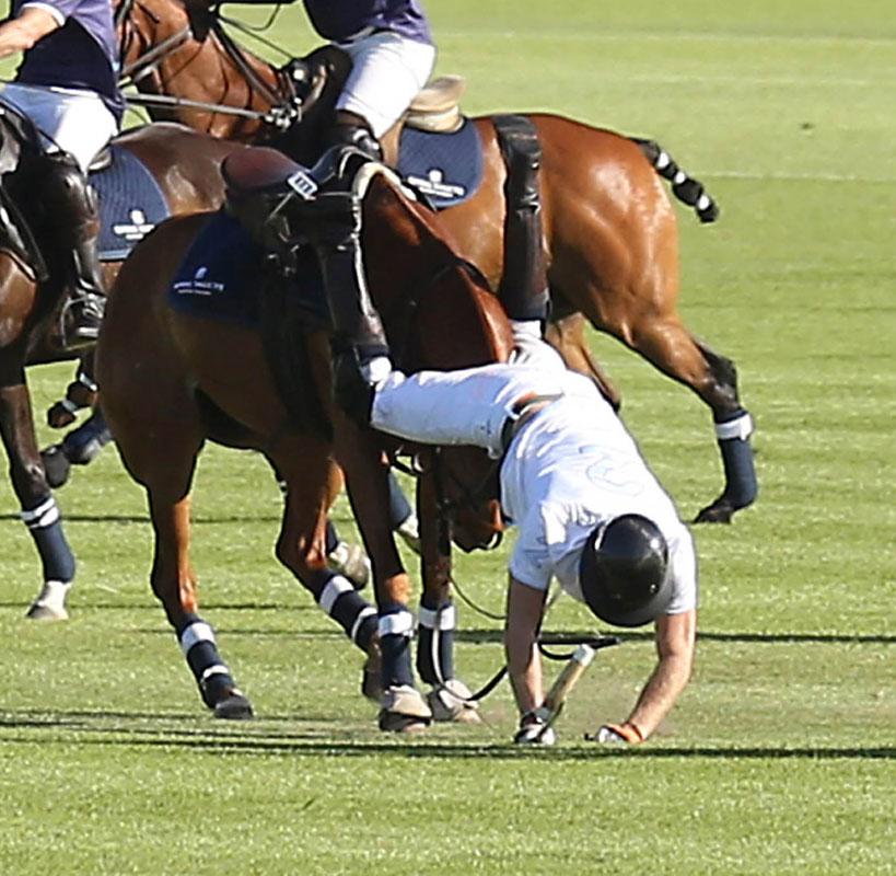 Prince Harry Falls from His Horse During  the Fundraising Polo Match in Aid of His Charity Sentebale.