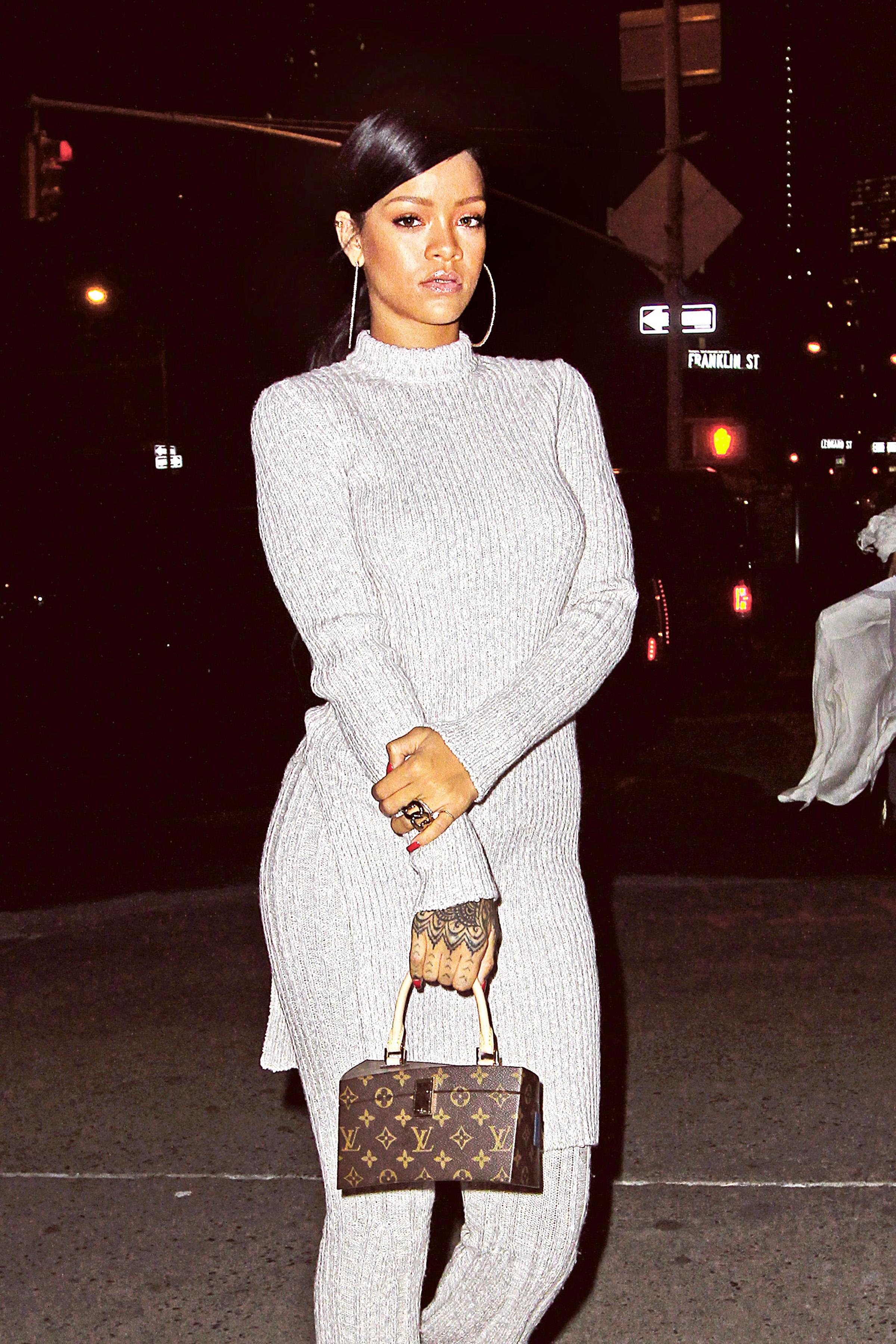 Rihanna heads to dinner in a matching knitted two piece outfit in NYC