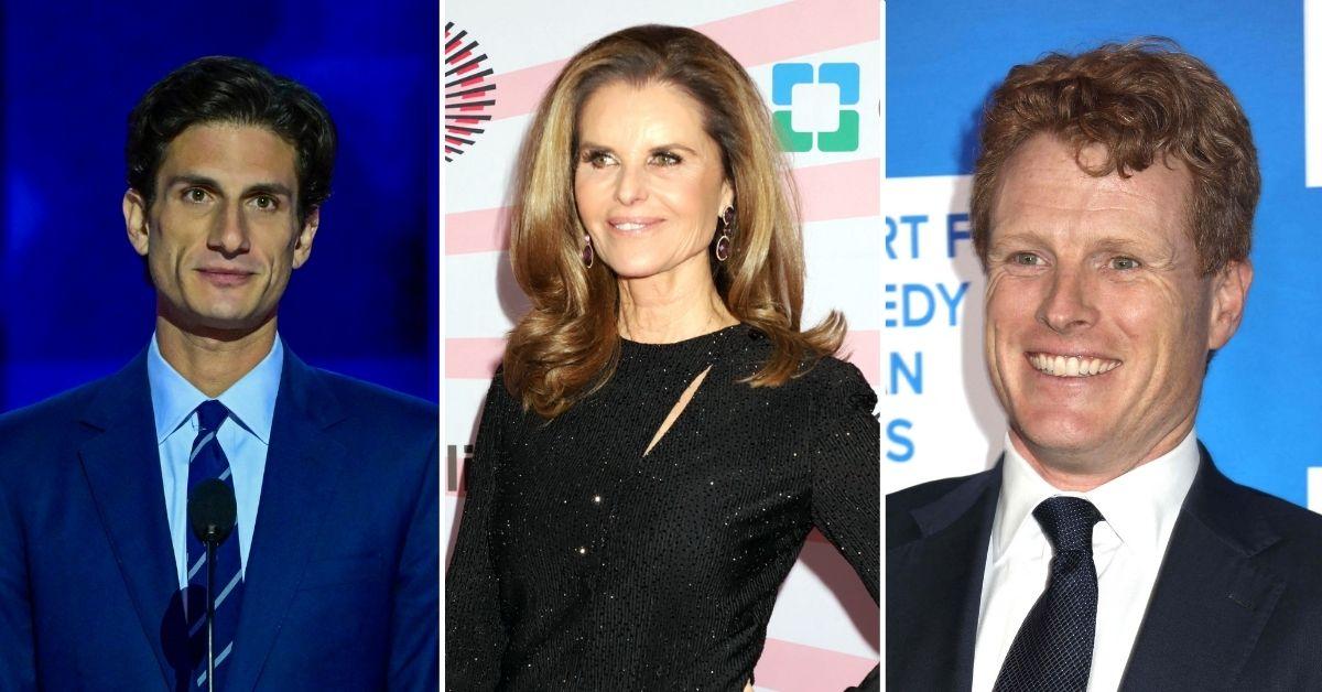 Split photo of Jack Schlossberg, Maria Shriver & Joe Kennedy III