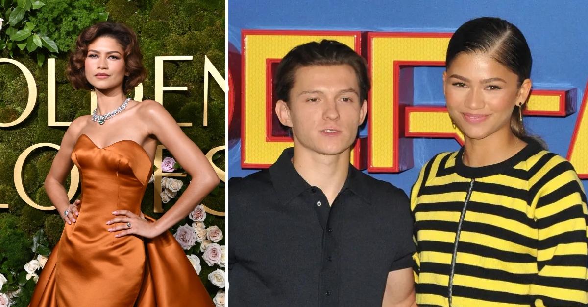 Photo of Zendaya at the 2025 Golden Globes and a picture of Tom Holland with Zendaya.