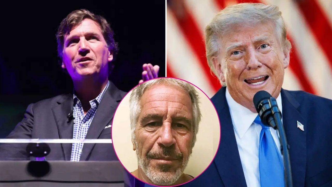Split photo of Tucker Carlson & Donald Trump & Jeffrey Epstein