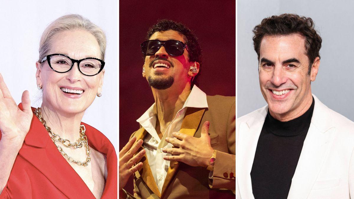 Composite photo of Meryl Streep, Bad Bunny and Sacha Baron Cohen.