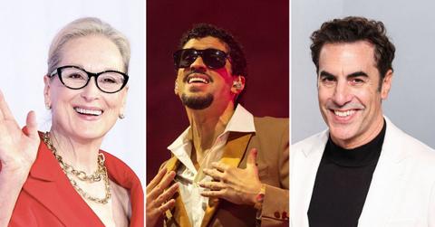 Composite photo of Meryl Streep, Bad Bunny and Sacha Baron Cohen.