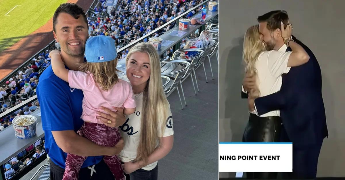 Photo of Charlie Kirk and Erika Kirk and a photo. of Erika hugging J.D. Vance