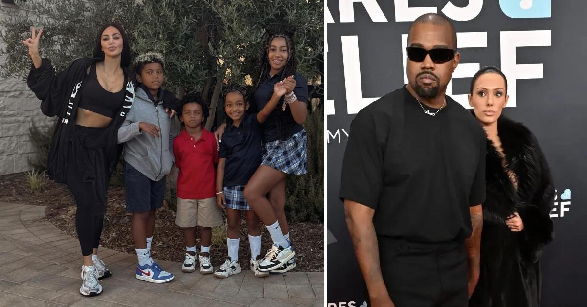 Photo of Kim Kardashian with her four kids and a picture of Kanye West with Bianca Censori