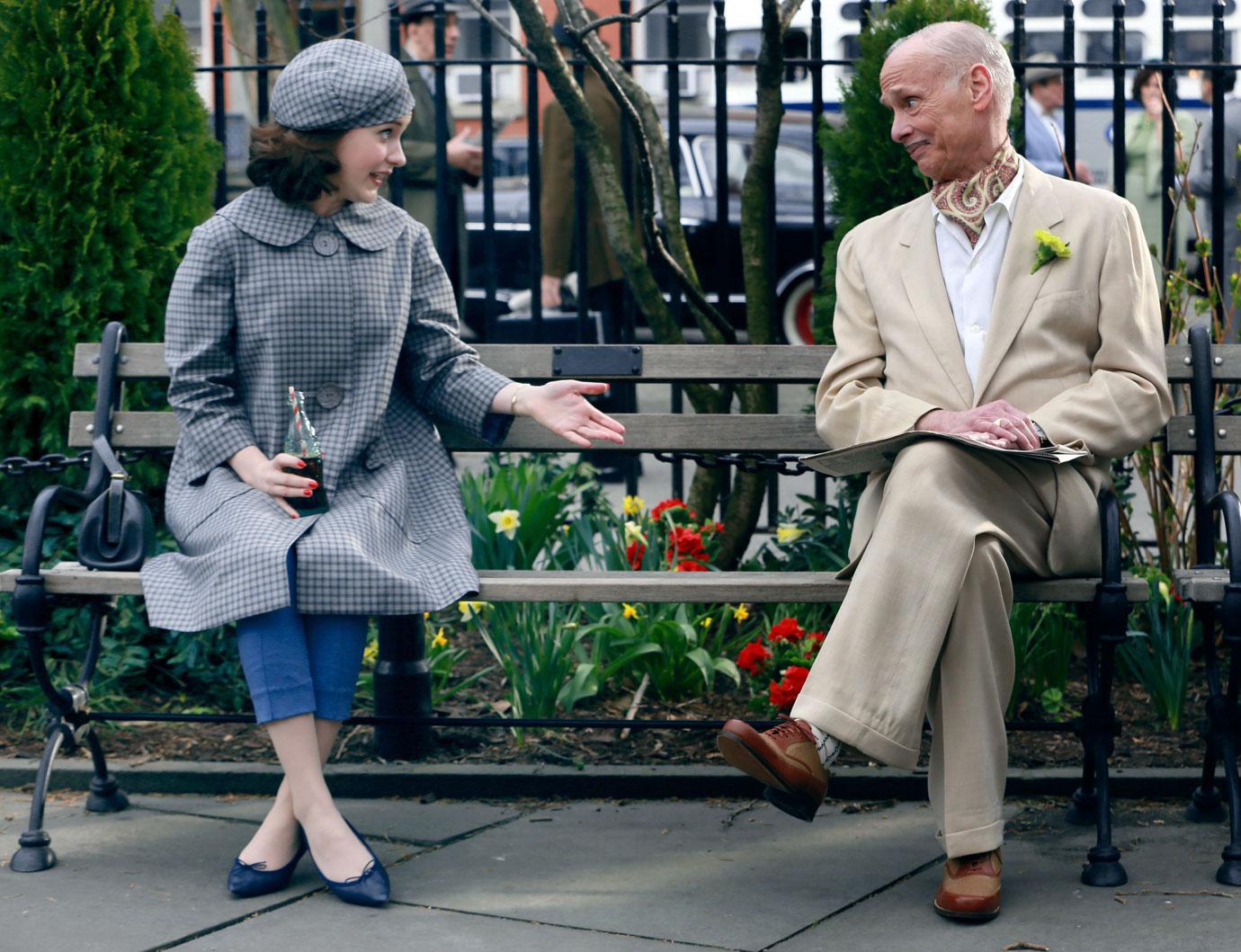 rachel brosnahan and john waters filming the marvelous mrs maisel