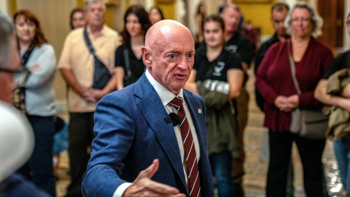 image of Pete Hegseth accused Mark Kelly of 'blabbing' about a classified Pentagon briefing. 