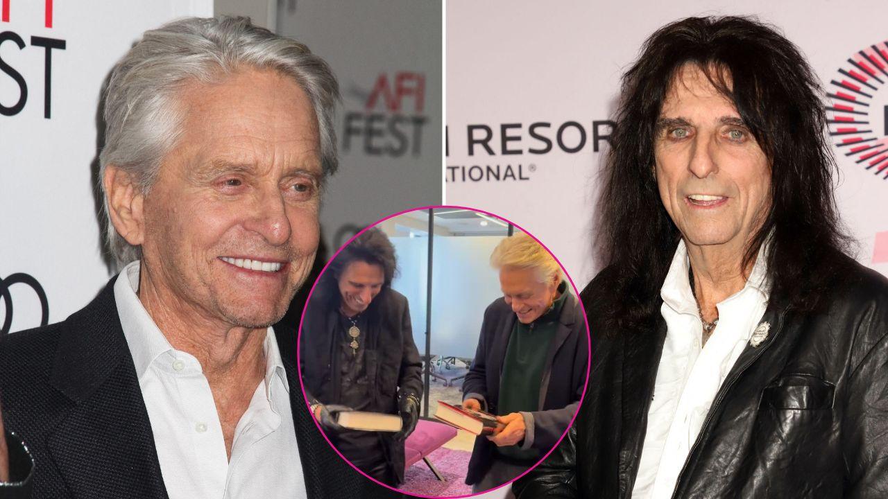 Split image of Michael Douglas and Alice Cooper and (inset) Alice Cooper and Michael Douglas.