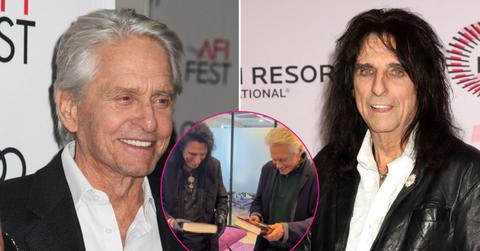 Split image of Michael Douglas and Alice Cooper and (inset) Alice Cooper and Michael Douglas.