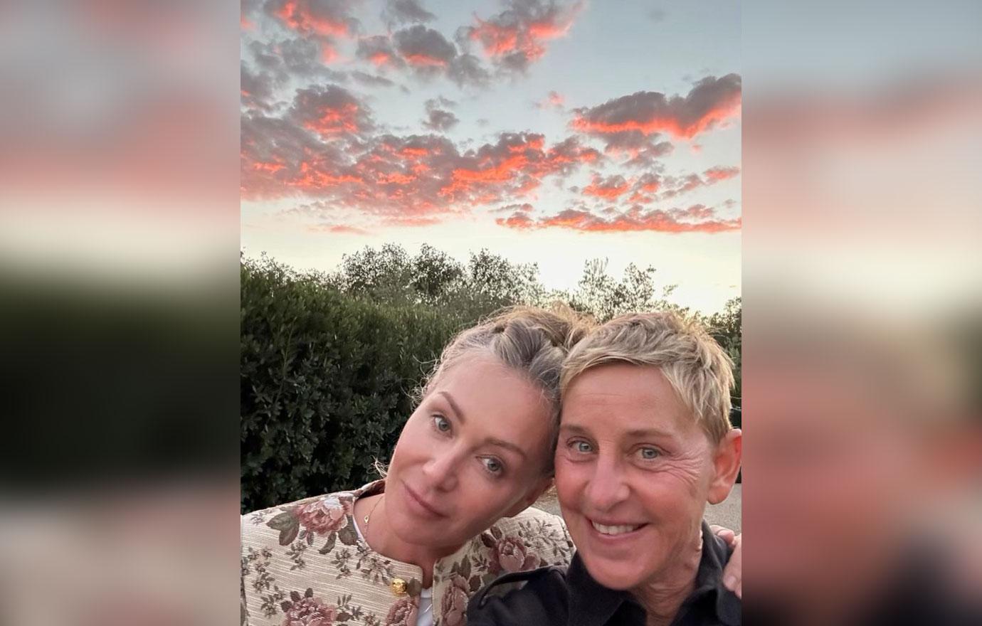 beaming ellen degeneres portia de rossi cozy together while sharing laughs on th anniversary