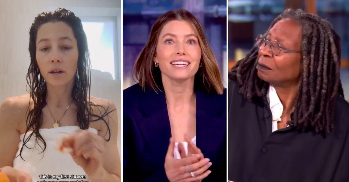 Two photos of Jessica Biel and a picture of Whoopi Goldberg.