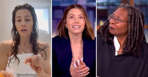 Two photos of Jessica Biel and a picture of Whoopi Goldberg.