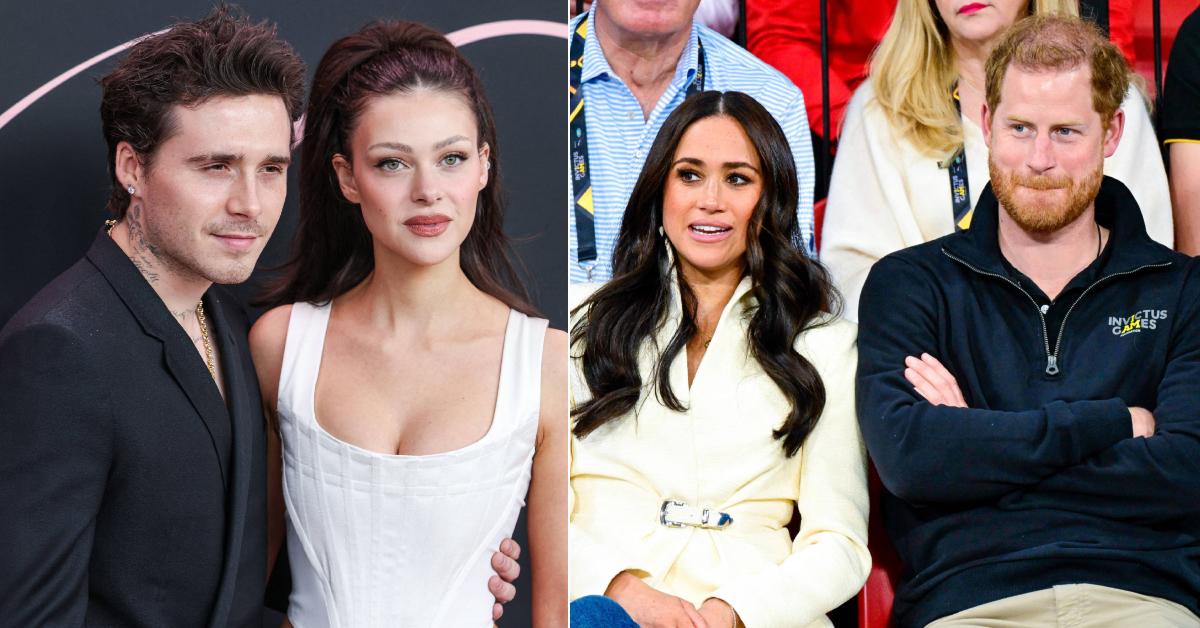 Photo of Brooklyn Beckham and Nicola Peltz; image of Meghan Markle and Prince Harry.
