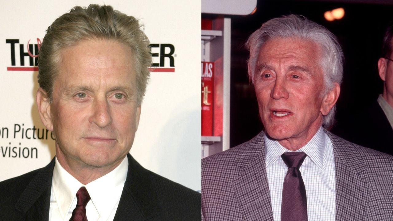 Split image of Michael Douglas and Kirk Douglas.