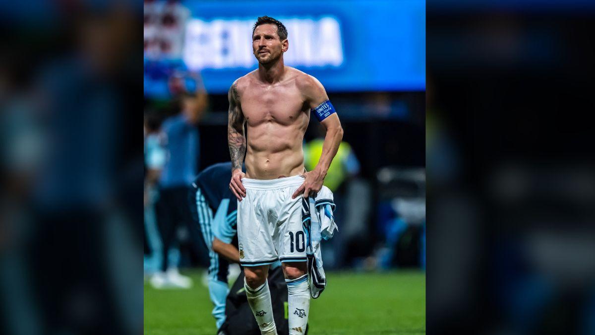 Image of Lionel Messi's full tattoo sleeve was visible after he stripped off his jersey on the field after winning against Egypt.