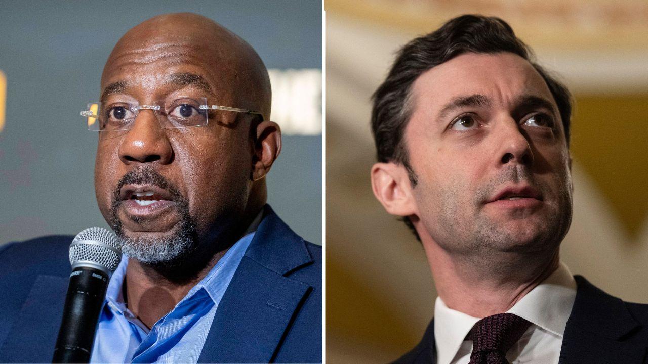 Split image of Raphael Warnock and Jon Ossoff
