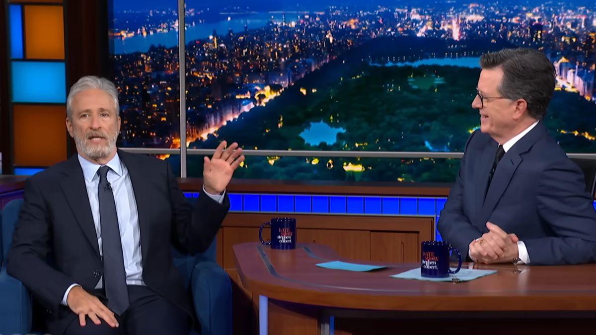 Photo of Jon Stewart and Stephen Colbert.
