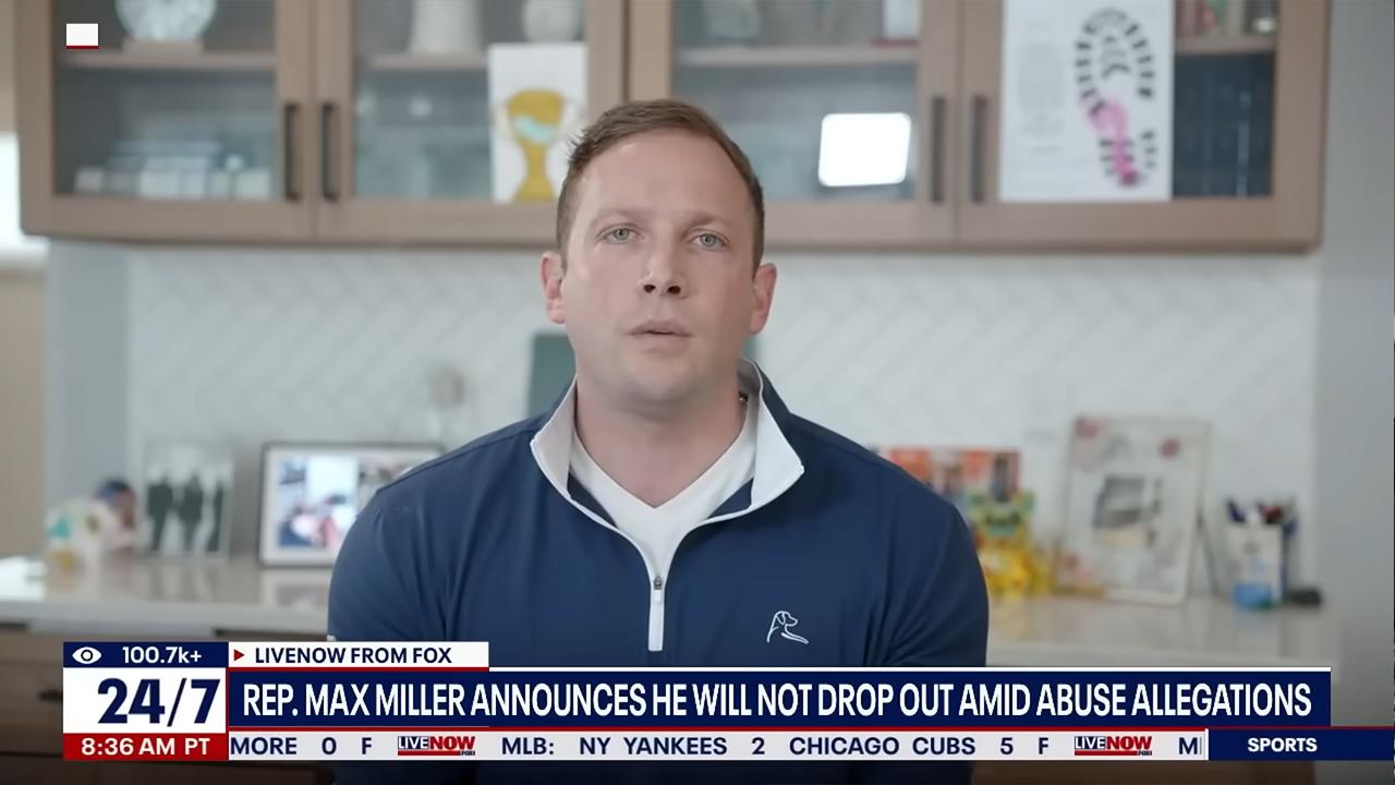photo of Max Miller is facing mounting pressure to drop out of the race due to his ex-wife's abuse allegations.