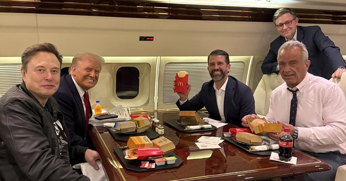 Image of Donald Trump, Robert F. Kennedy Jr., Donald Trump Jr., Mike Johnson and Elon Musk ate McDonald's aboard Trump Force One in 2024.
