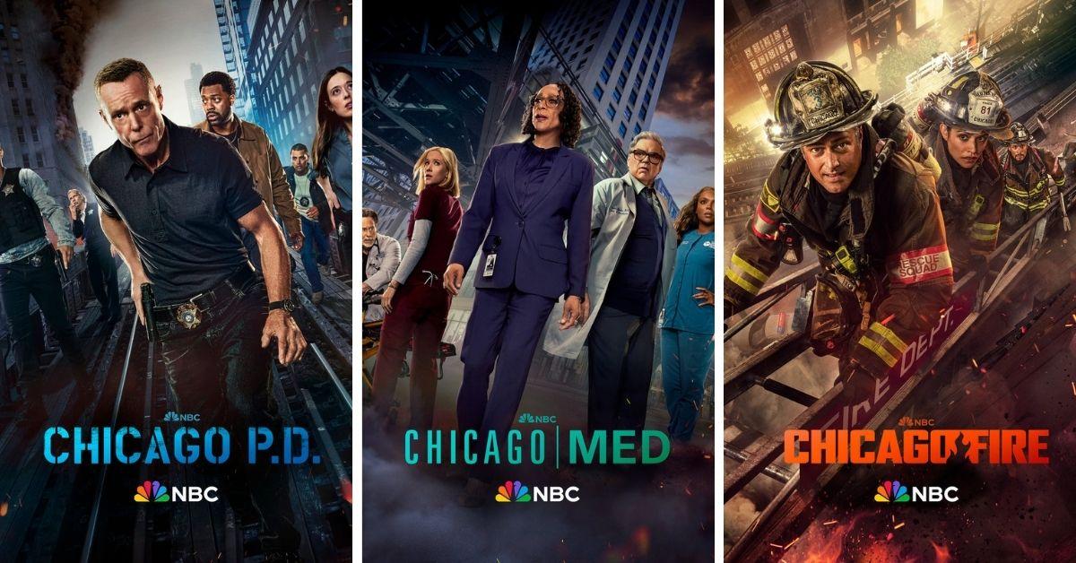 Image of key art from 'Chicago P.D,' 'Chicago MED' and 'Chicago Fire.'