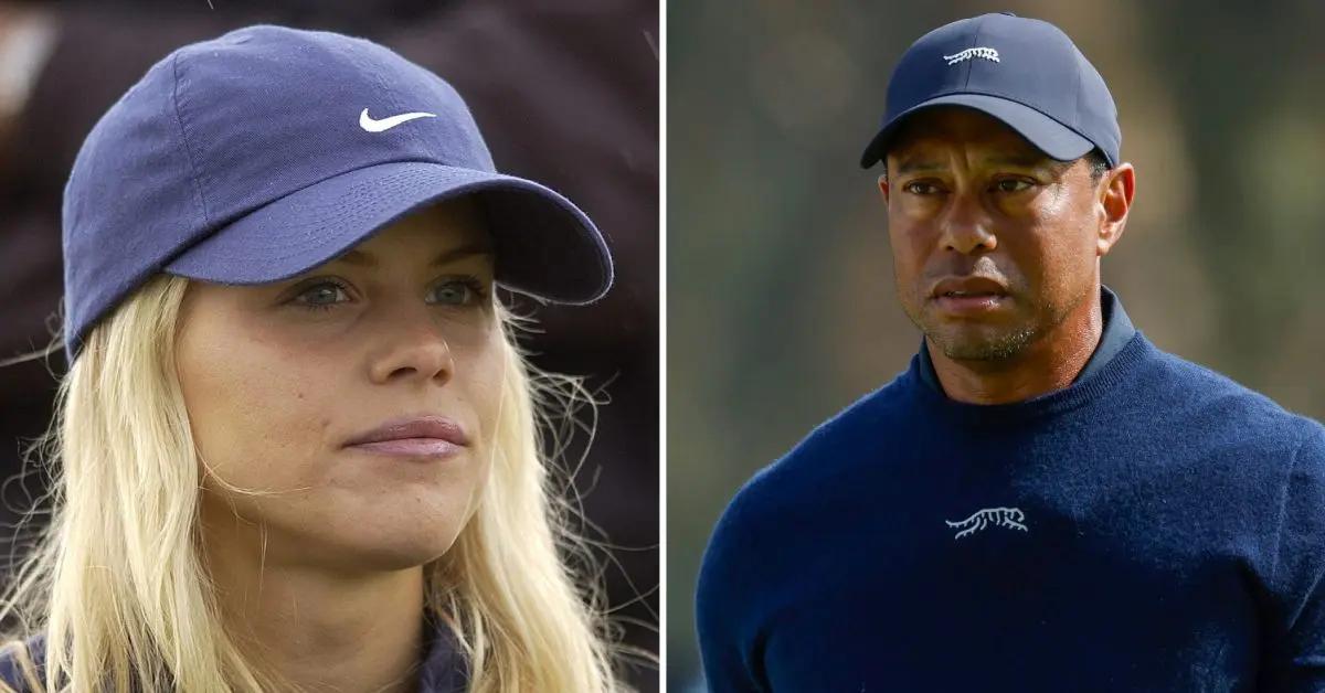 Photo of Elin Nordegren; picture of Tiger Woods.