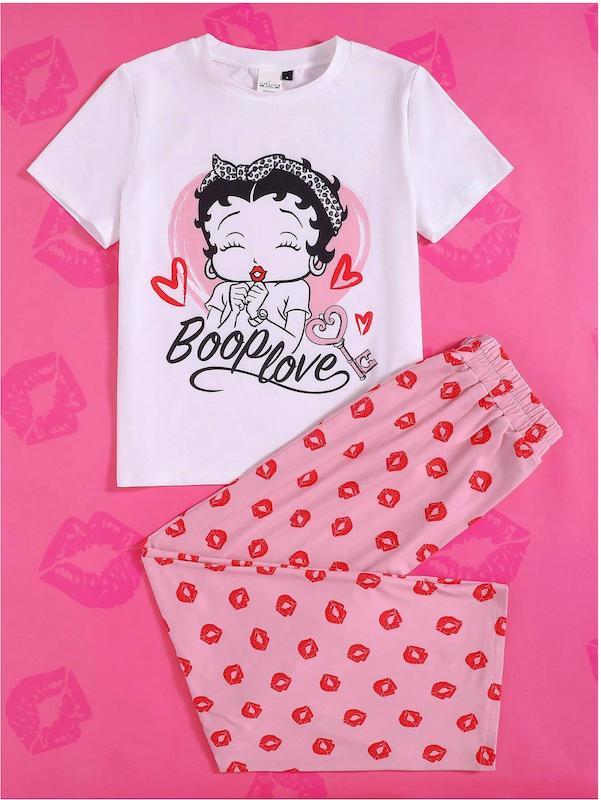 betty boop x shein womens cartoon character letter print short sleeve t shirt and lip print pants pajama set