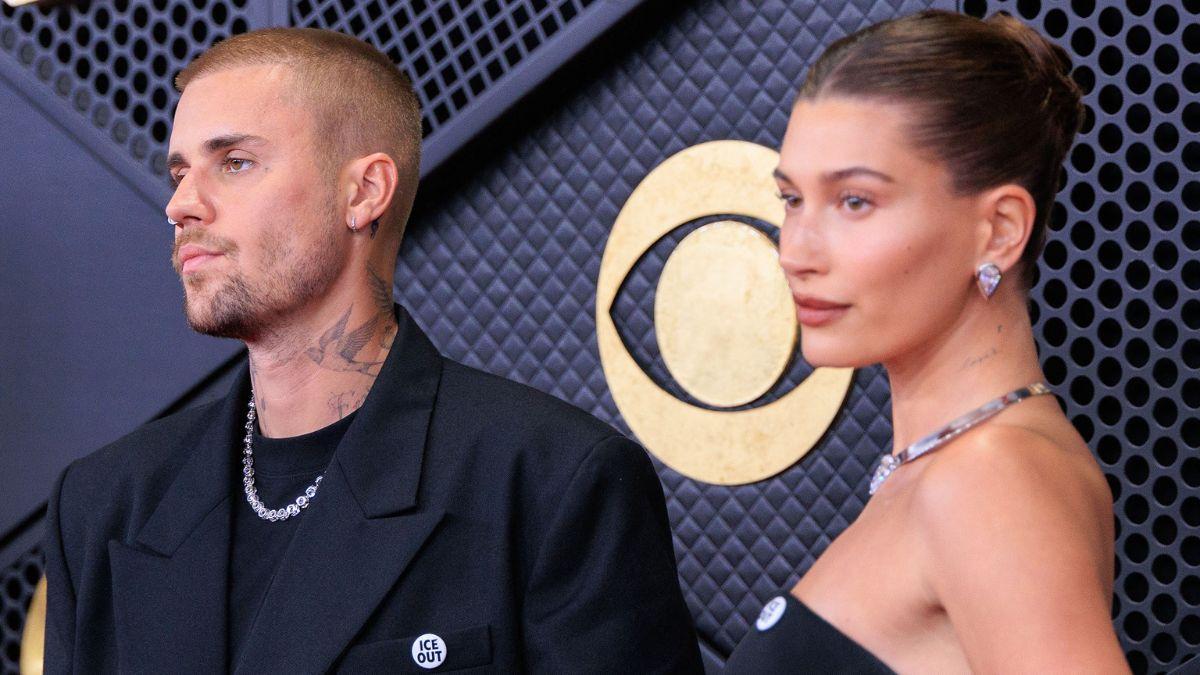image of Justin and Hailey Bieber were among the celebrities who donned 'ICE Out' pins at the Grammys.