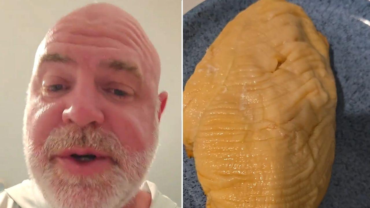Split photo of Fraser Morse and Aldi chicken breast