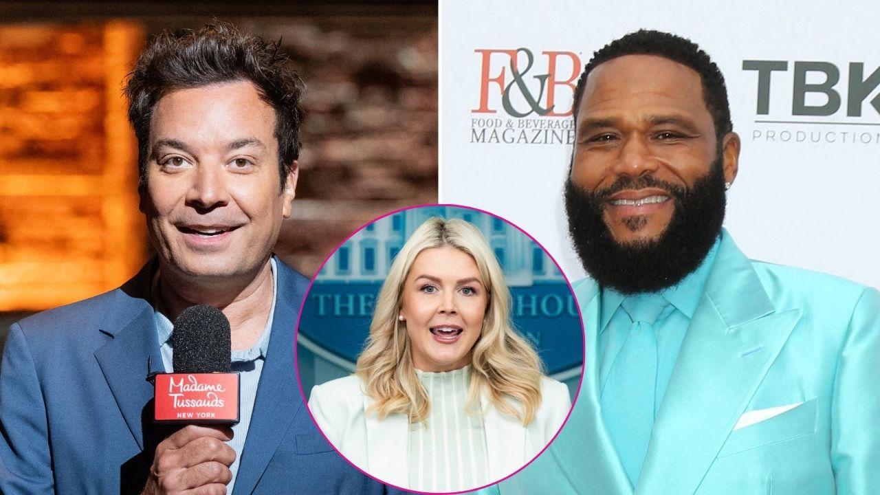 Composite photo of Jimmy Fallon, Anthony Anderson and Karoline Leavitt.