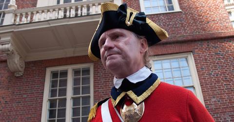 Historical reenactor docent at site of March 5, 1770 Boston Massacre