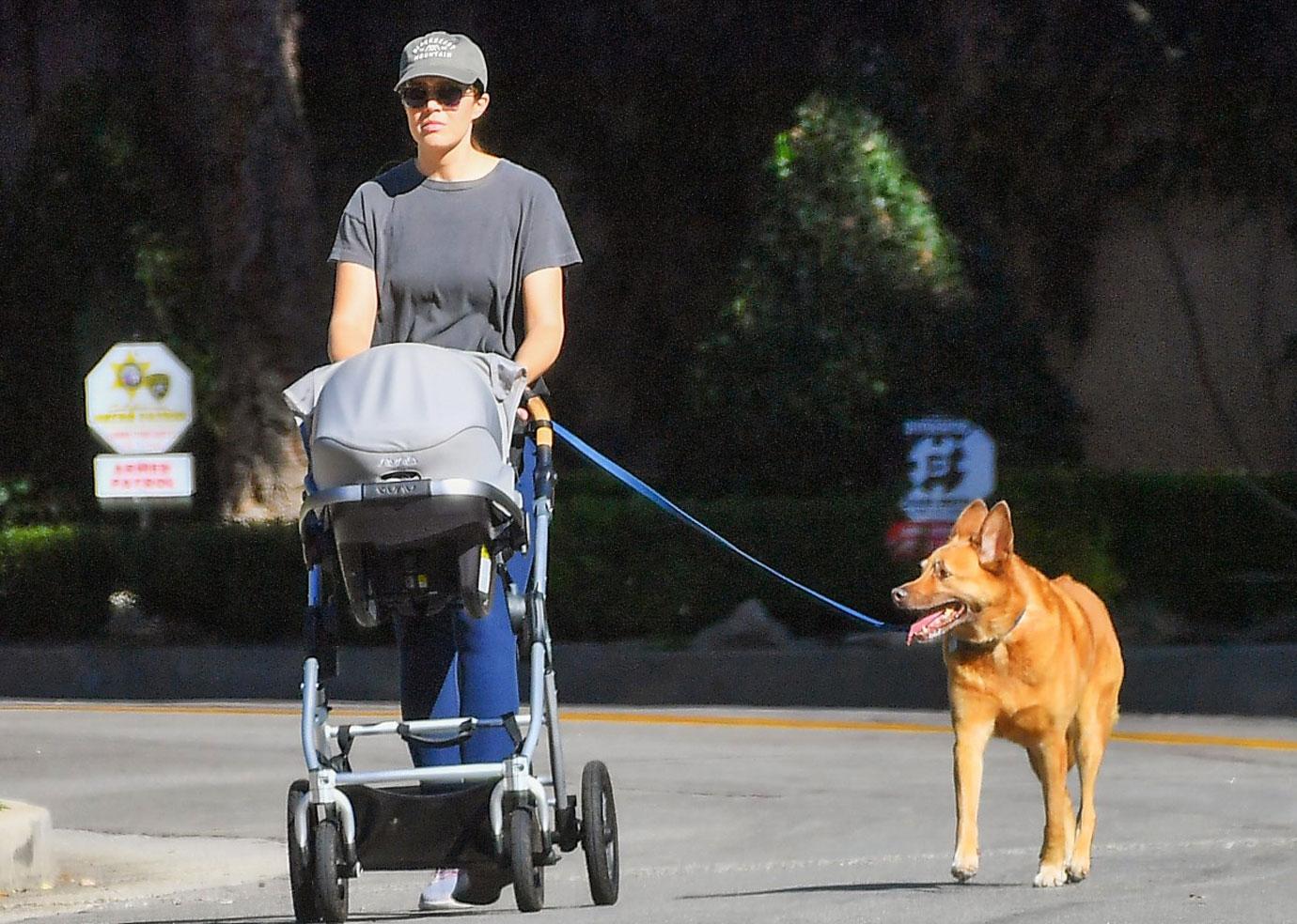 mandy moore strolls son gus walking dog la photos