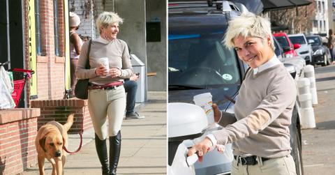 selma blair smiles while making a coffee run with adorable dog scout in studio city