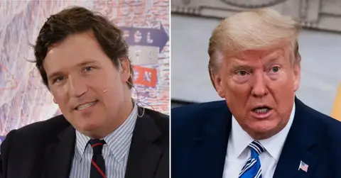 Split photo of Tucker Carlson and Donald Trump