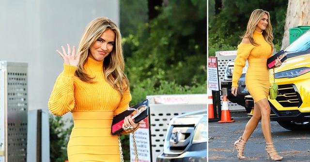 chrishell stause is little miss sunshine in golden sweater dress after a long day selling sunset ok