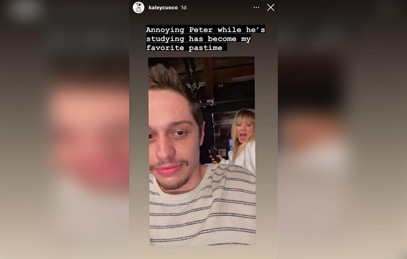 kaley cuoco hilariously annoys co star pete davidson behind the scenes rom com meet cute ok