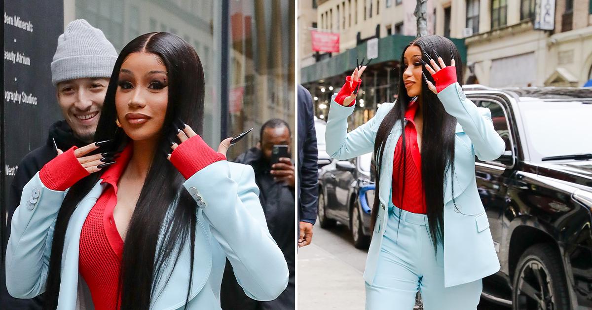 Cardi B Enters NYC Office Wearing Beautiful Baby Blue Suit