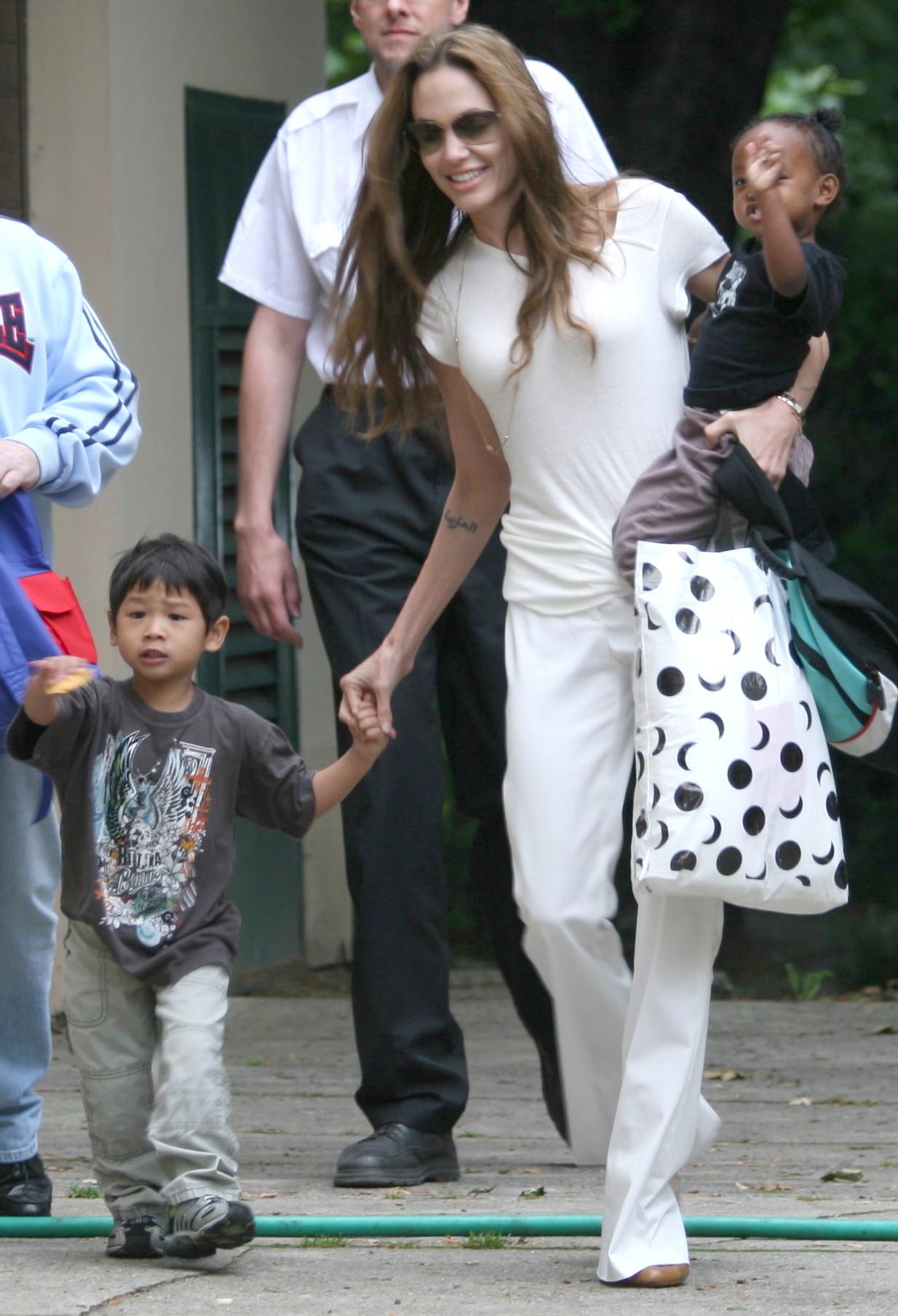 Angelina Jolie with her children while filming &#8216;Wanted&#8217;  in Prague