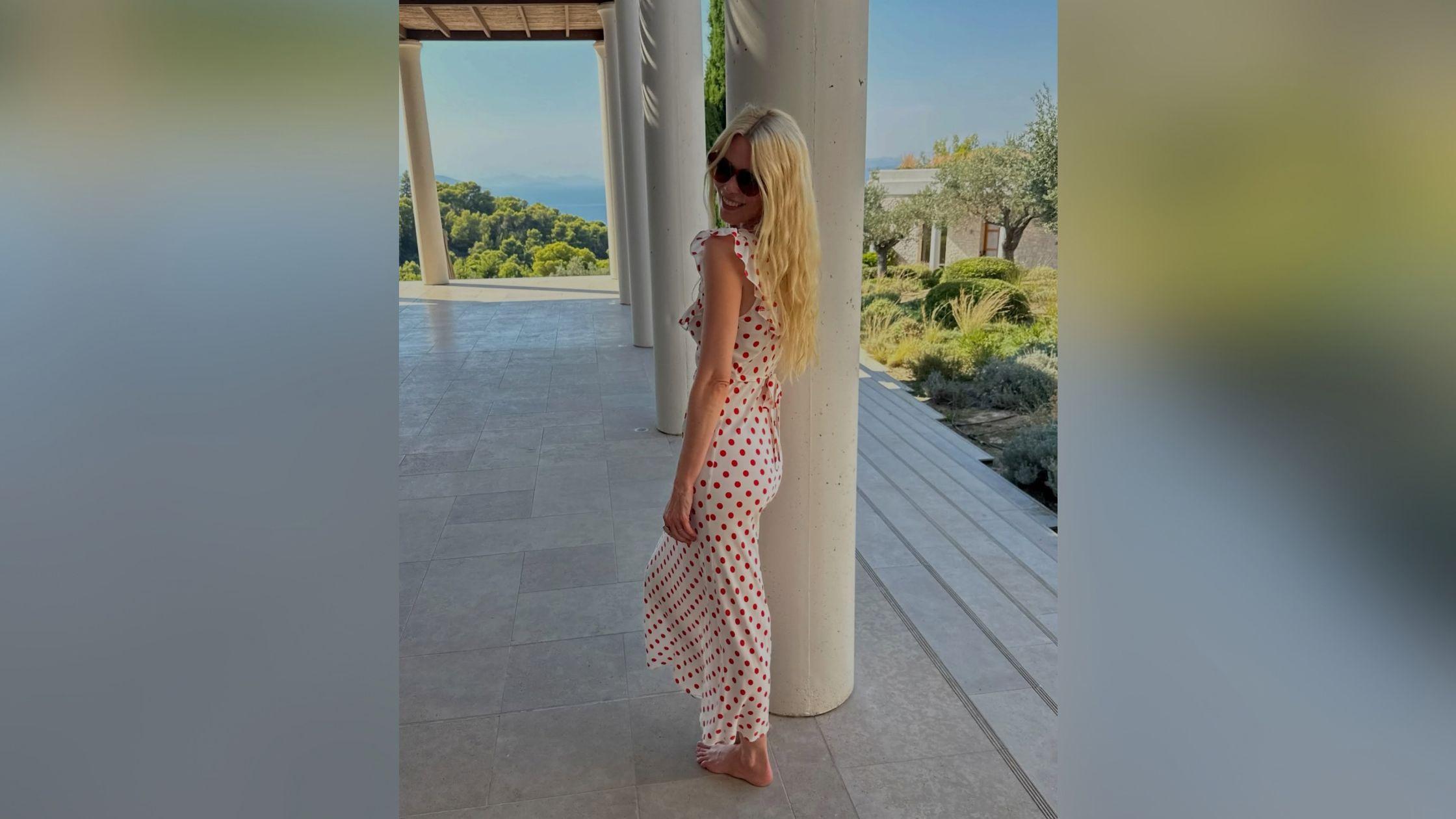 image of Claudia Schiffer stays active through tennis, yoga, walking and at-home workouts.