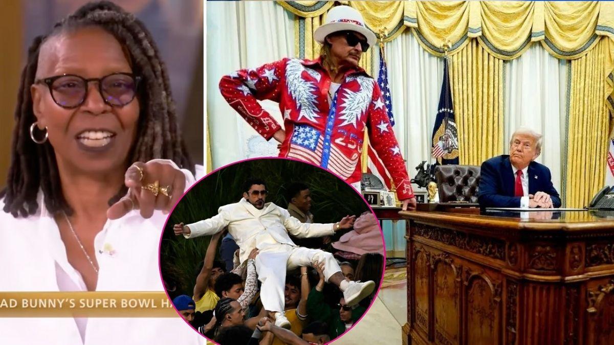 Composite photo of Whoopi Goldberg, Bad Bunny, Kid Rock and Donald Trump