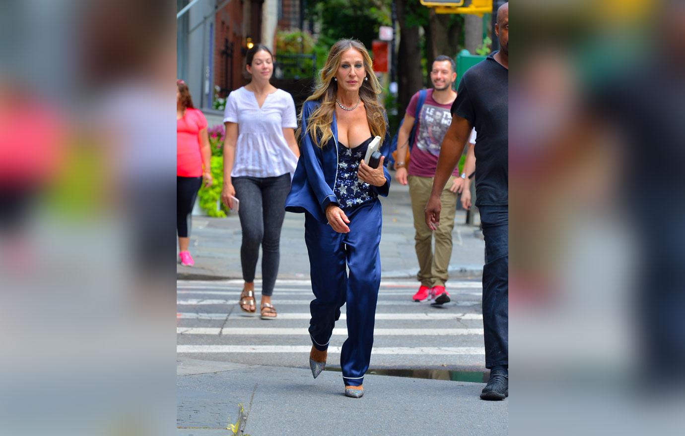 EXCLUSIVE: Sarah Jessica Parker in blue silk matching pantsuit out in New York