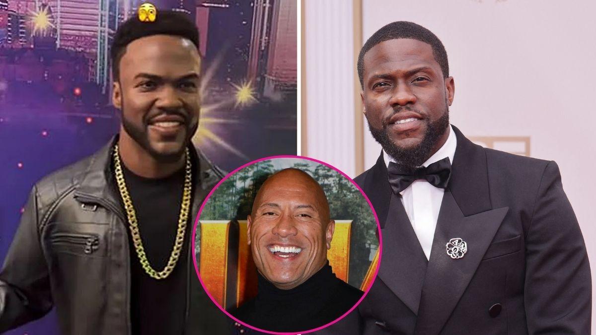 composite photo of kevin hart, his wax figure and dwayne 'the rock' johnson
