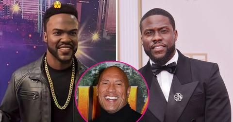 composite photo of kevin hart, his wax figure and dwayne 'the rock' johnson