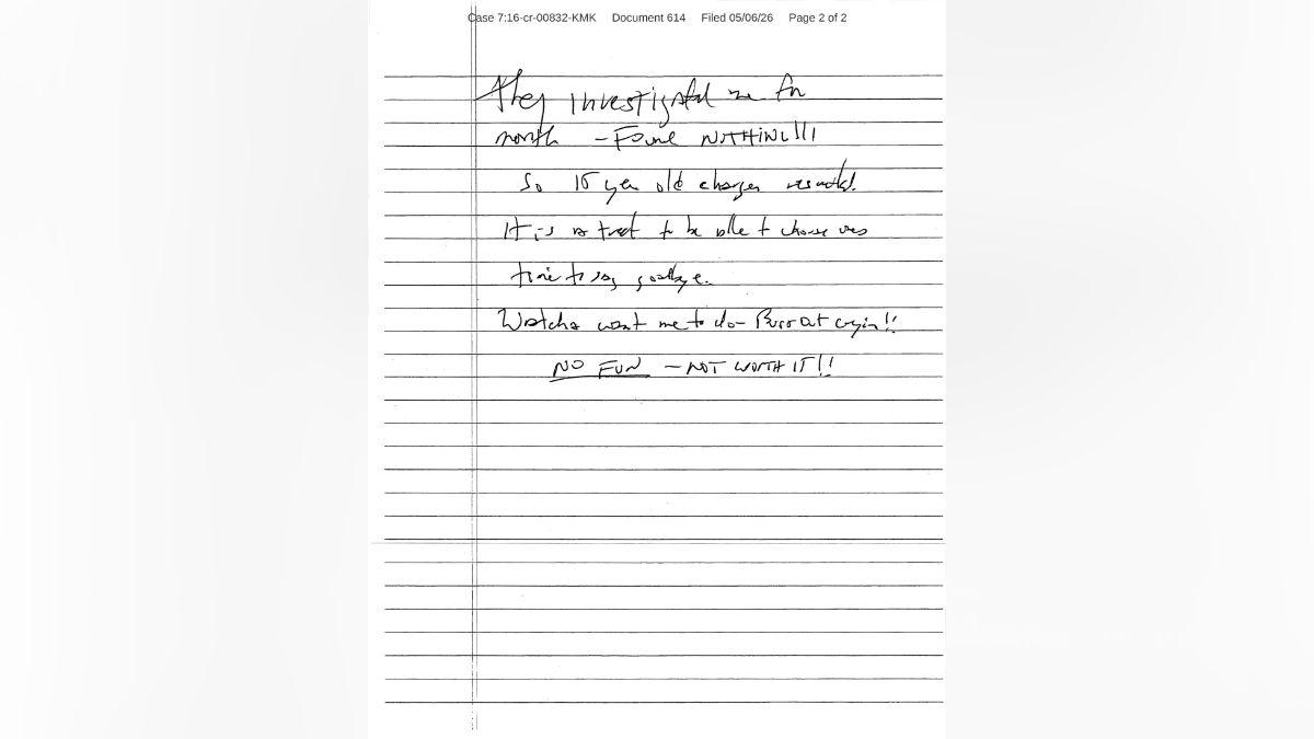 Image of The alleged note is barely legible but verified as being written by Jeffrey Epstein, per 'The New York Times.'