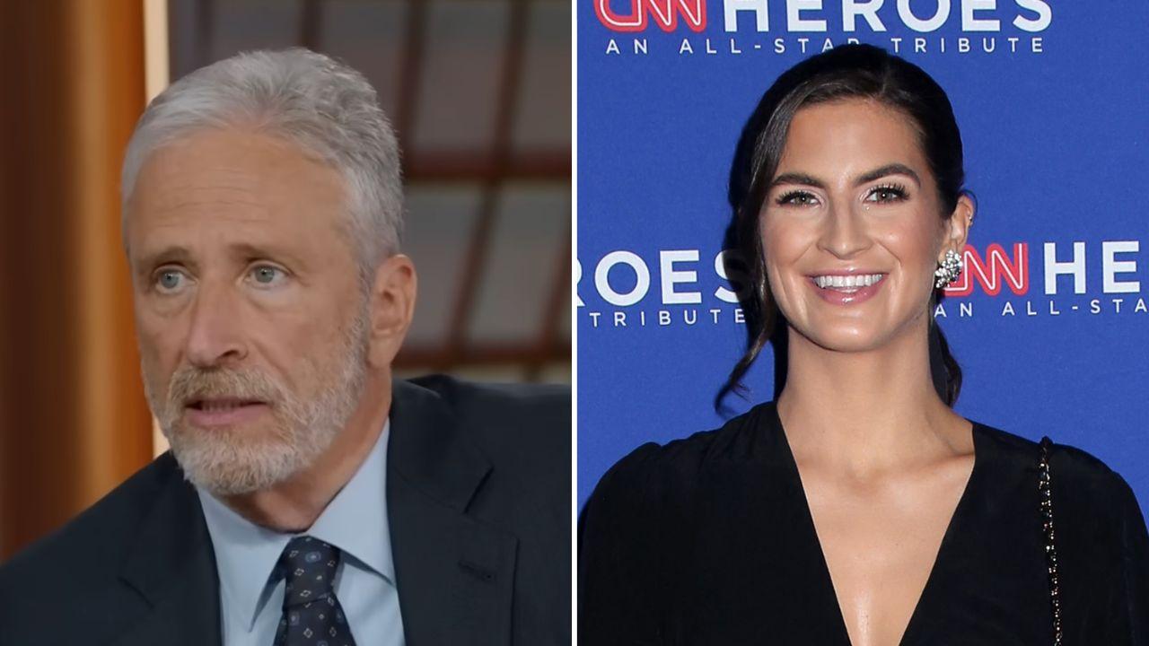 Photo of Jon Stewart and Kaitlan Collins.