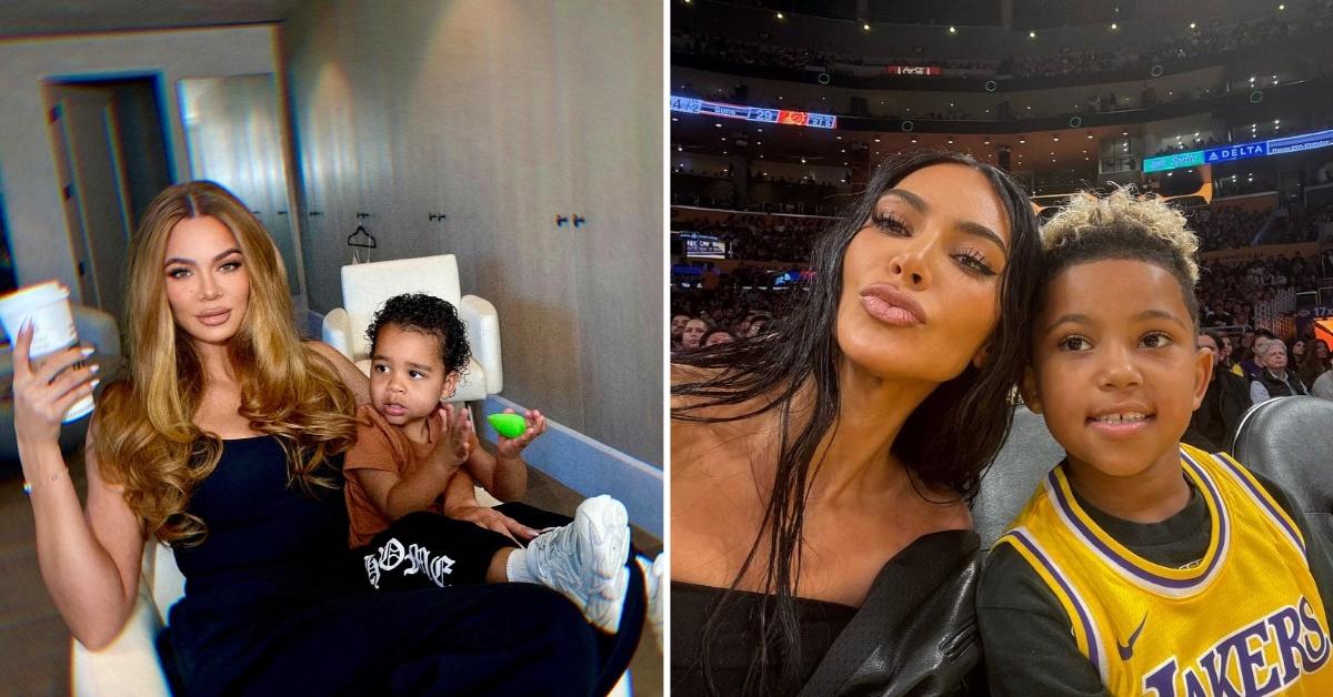 Photo of Khloe Kardashian with son Tatum and a picture of Kim Kardashian with son Saint